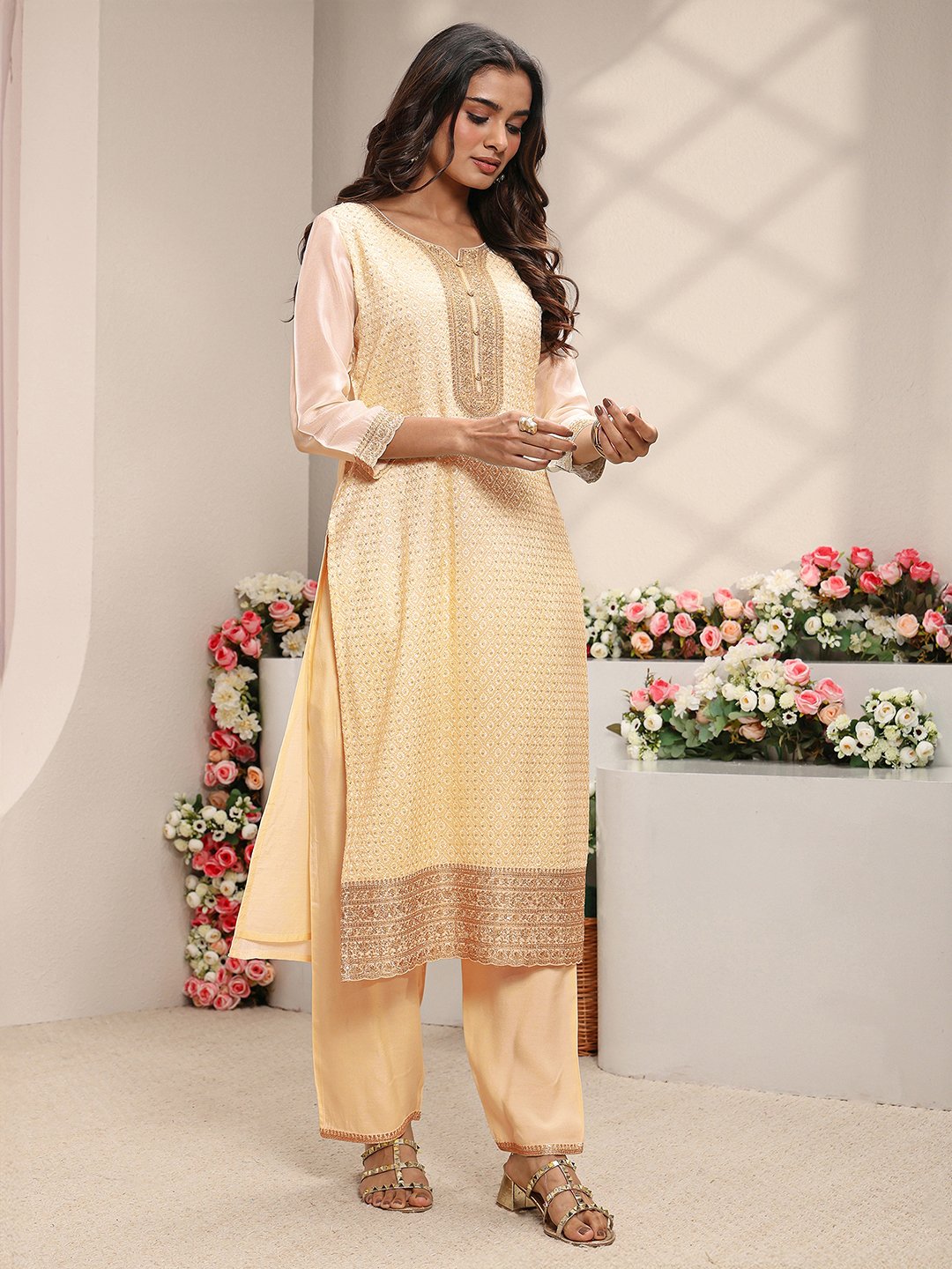 Cream Woven Design Silk Blend Straight Kurta, Pants And Dupatta Set