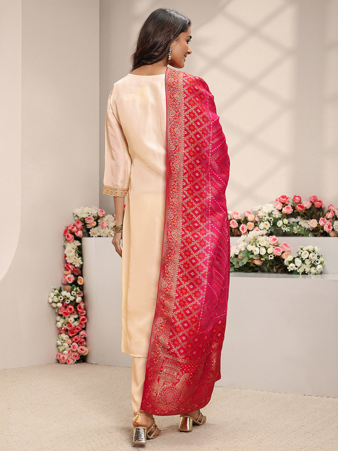 Cream Woven Design Silk Blend Straight Kurta, Pants And Dupatta Set