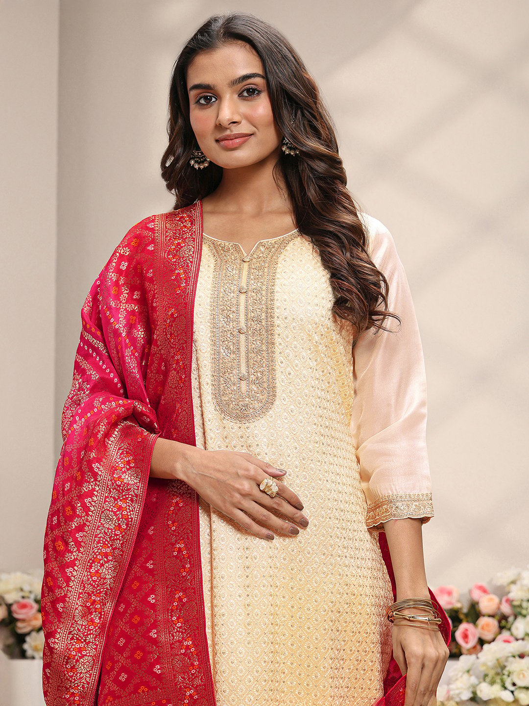 Cream Woven Design Silk Blend Straight Kurta, Pants And Dupatta Set