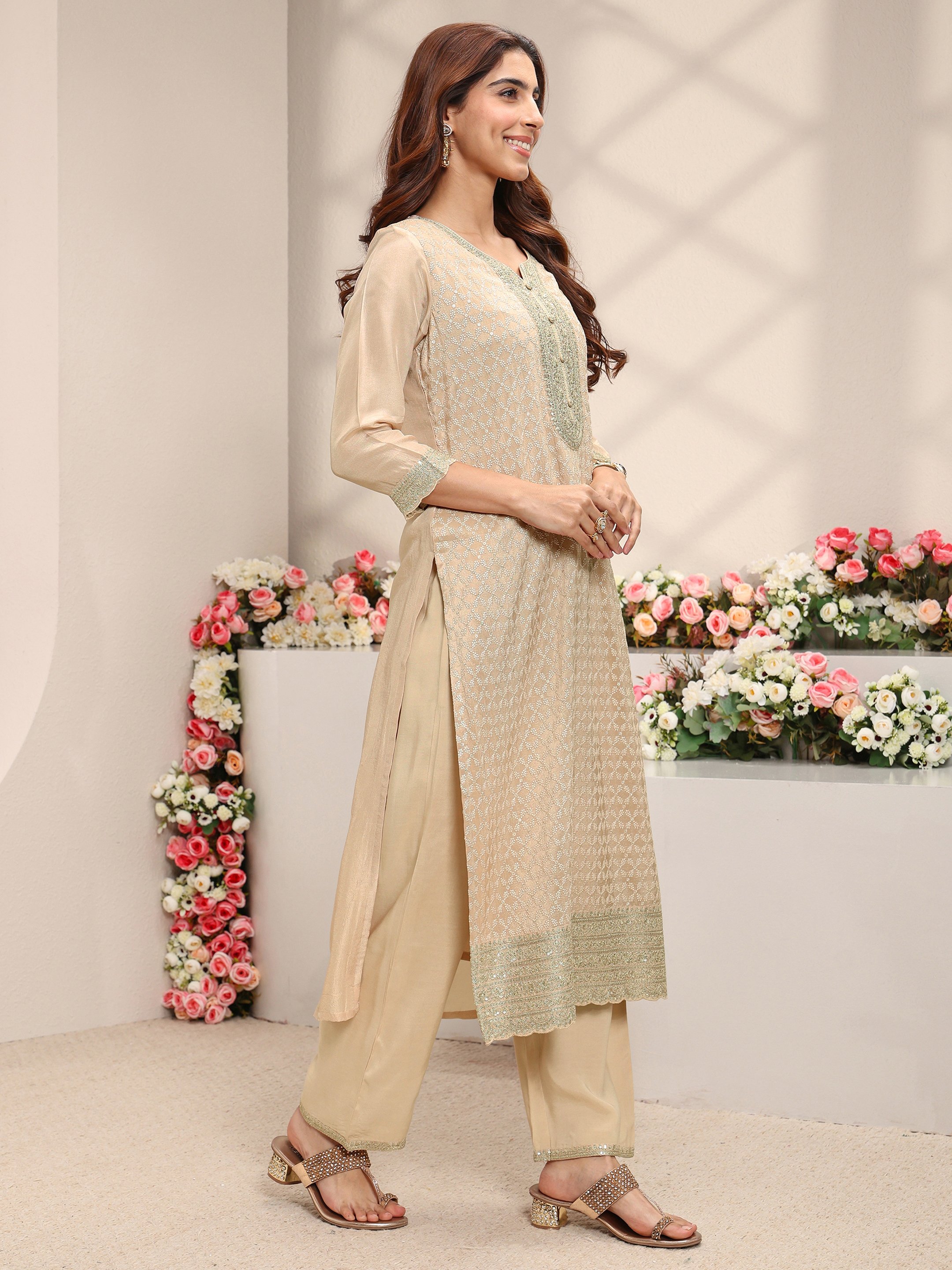 Beige Woven Design Silk Blend Straight Kurta, Pants And Dupatta Set