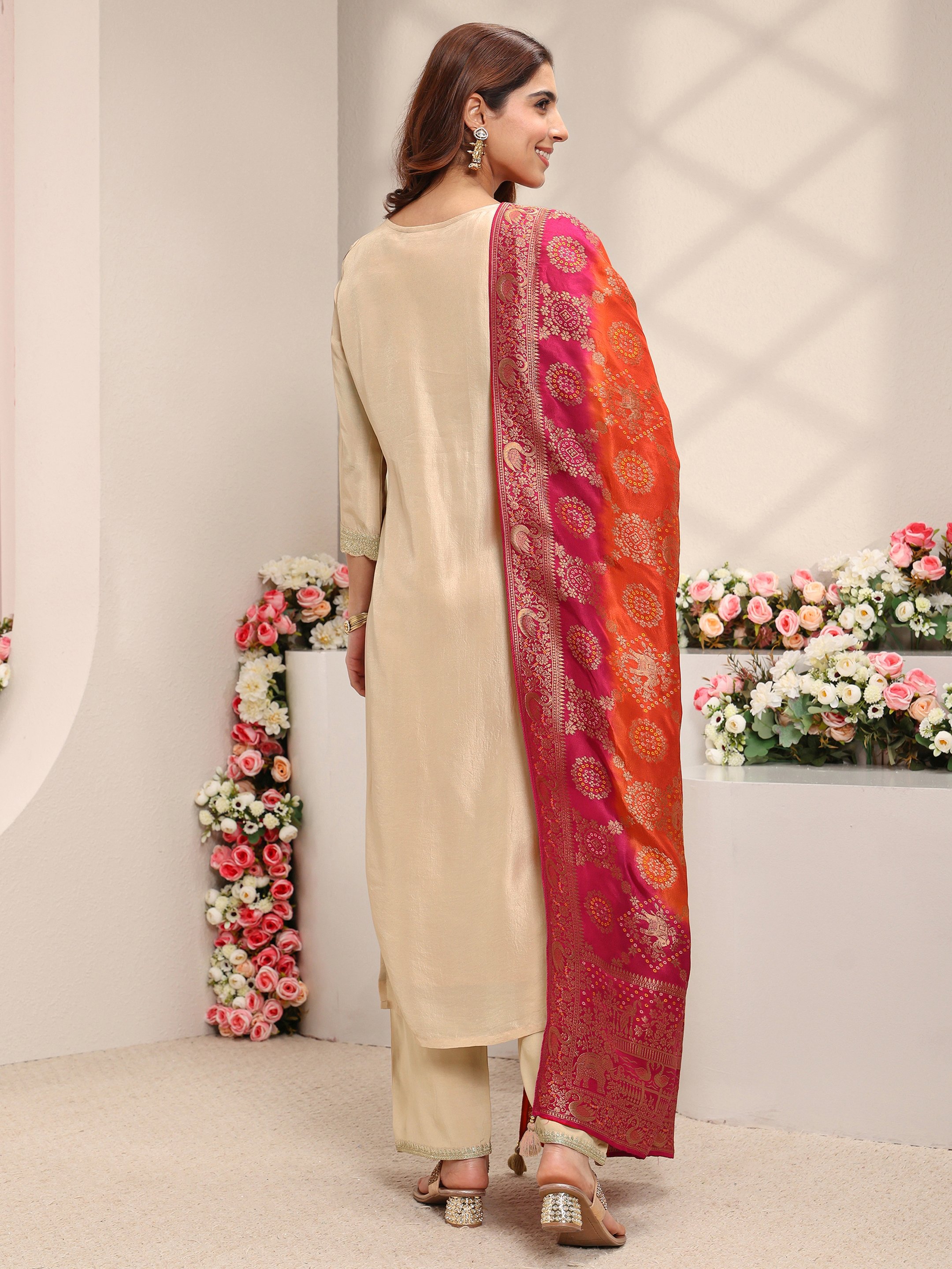 Beige Woven Design Silk Blend Straight Kurta, Pants And Dupatta Set