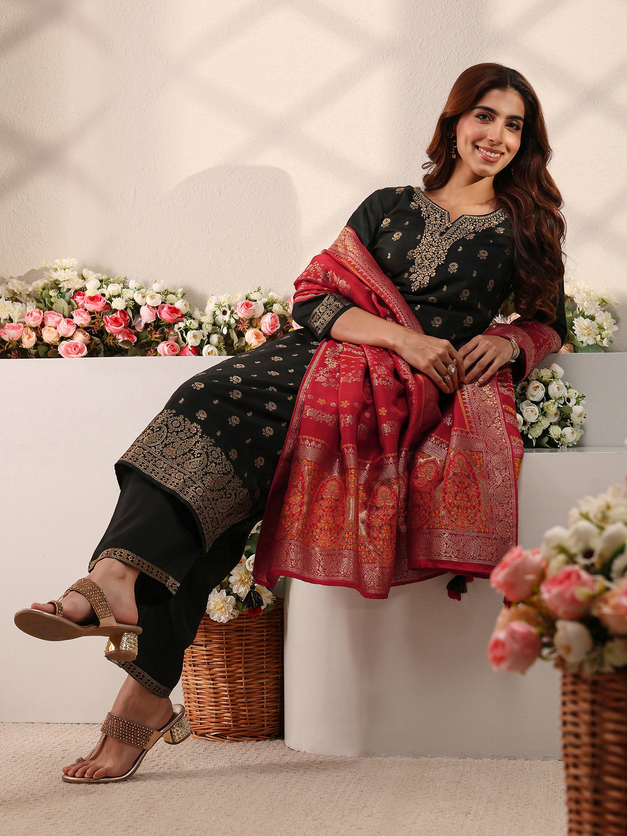 Black Woven Design Silk Blend Straight Kurta, Pants And Dupatta Set