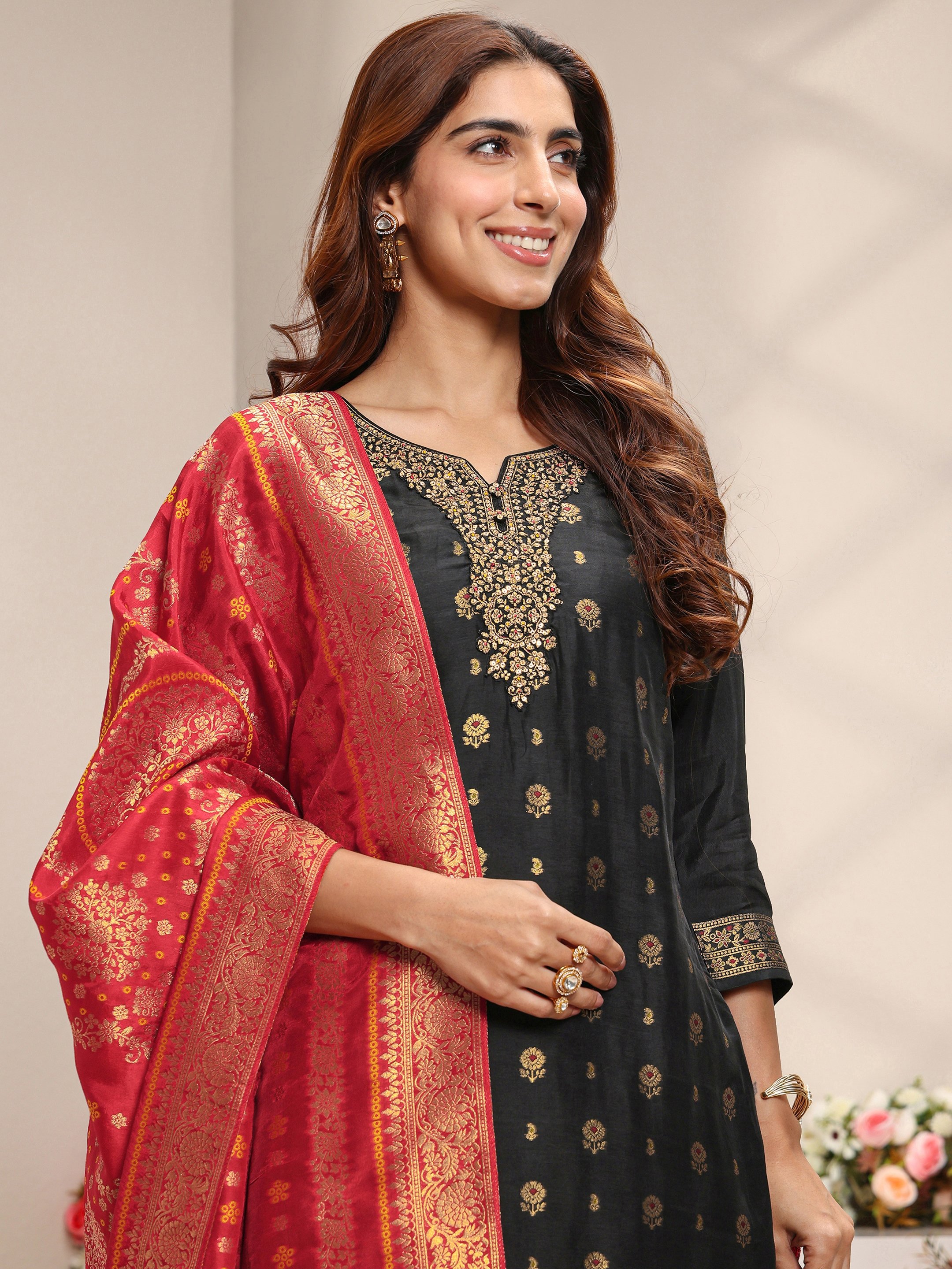 Black Woven Design Silk Blend Straight Kurta, Pants And Dupatta Set