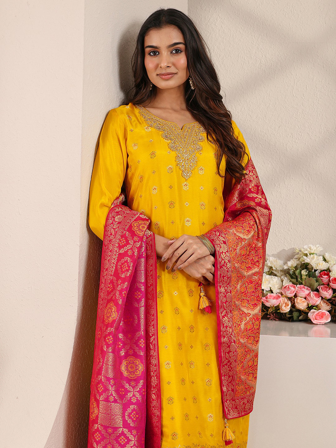 Mustard Woven Design Silk Blend Straight Kurta, Pants And Dupatta Set