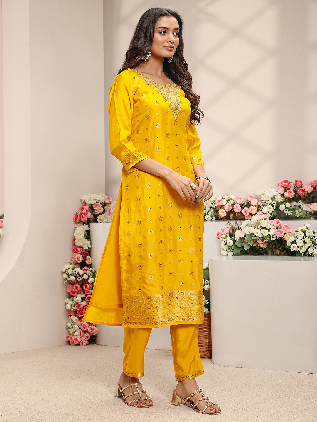 Mustard Woven Design Silk Blend Straight Kurta, Pants And Dupatta Set