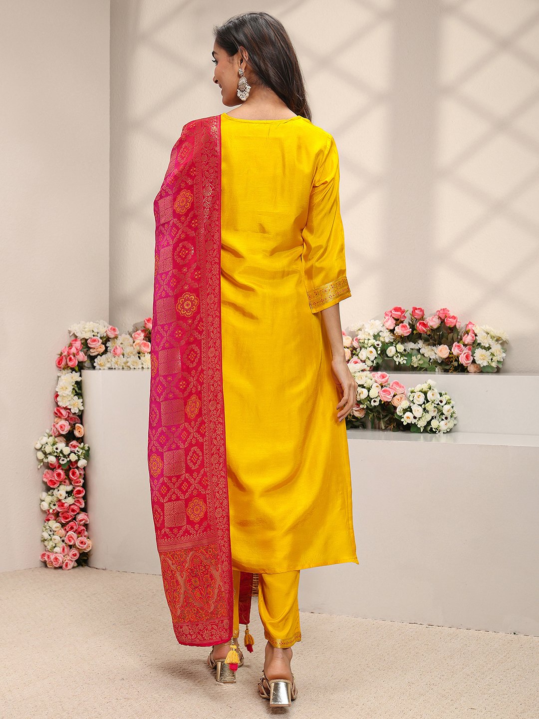 Mustard Woven Design Silk Blend Straight Kurta, Pants And Dupatta Set