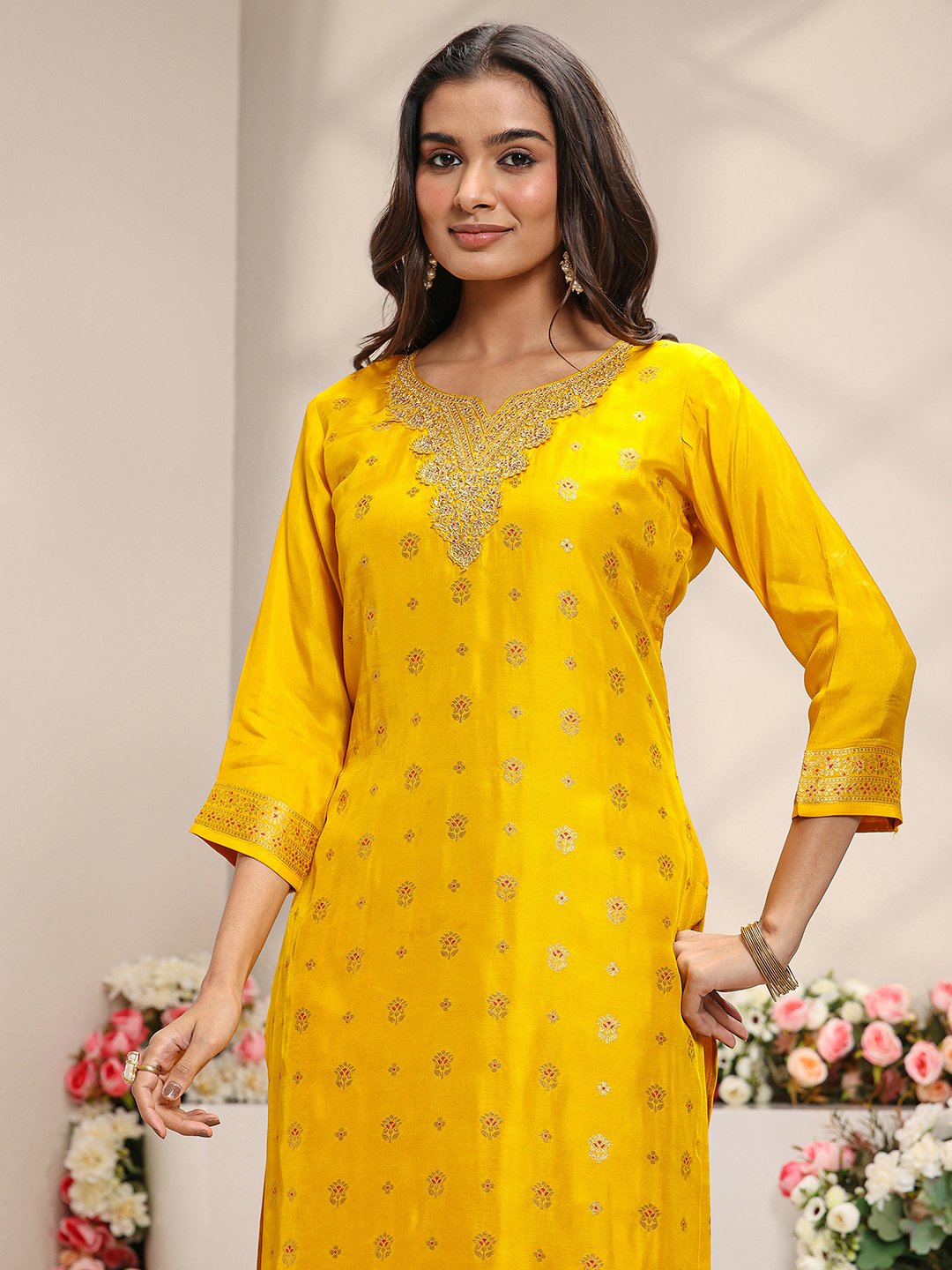 Mustard Woven Design Silk Blend Straight Kurta, Pants And Dupatta Set
