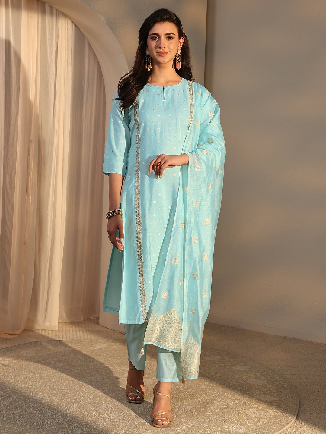 Blue Woven Design Chanderi Silk Straight Kurta, Pants And Dupatta Set