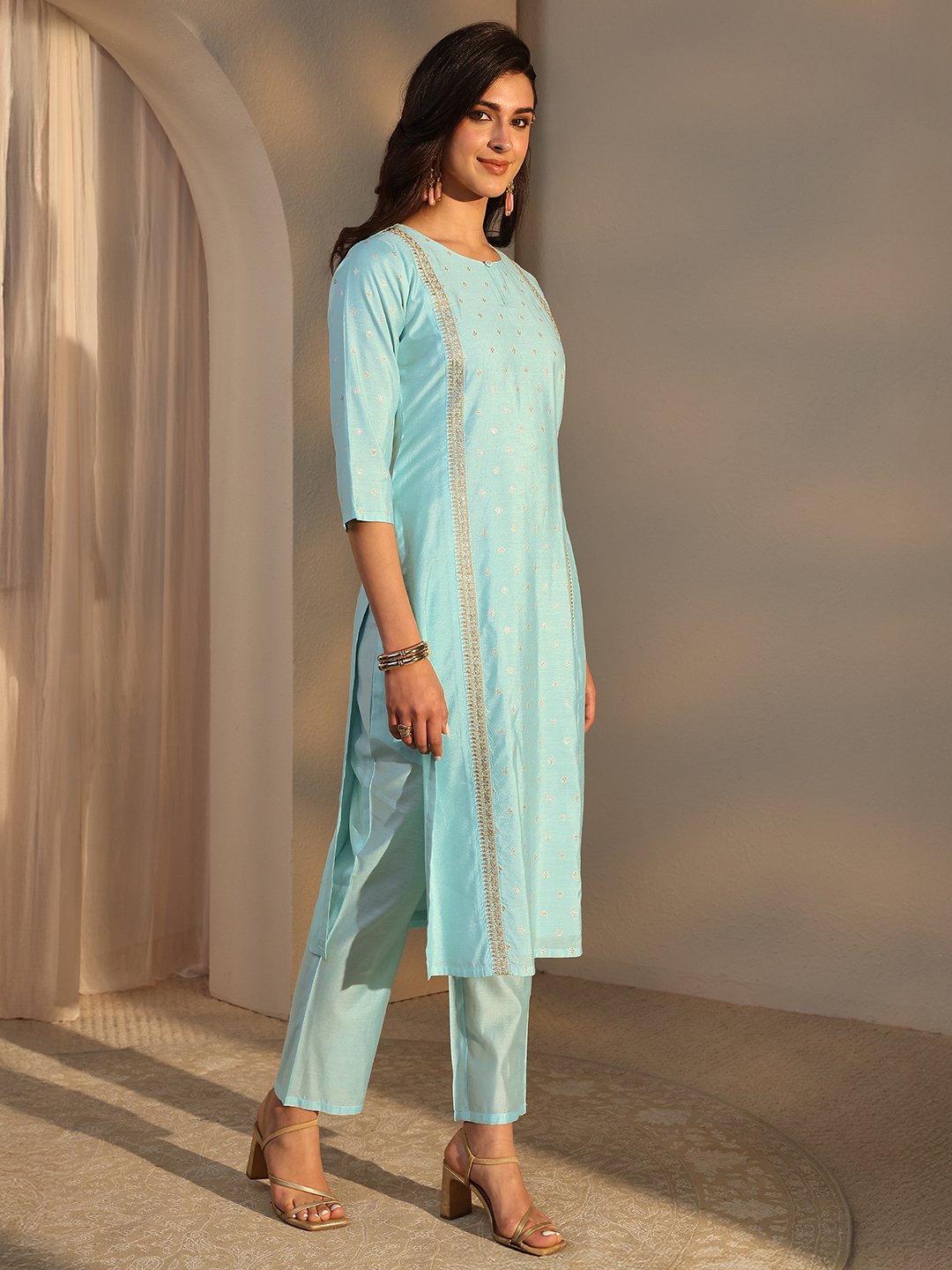 Blue Woven Design Chanderi Silk Straight Kurta, Pants And Dupatta Set