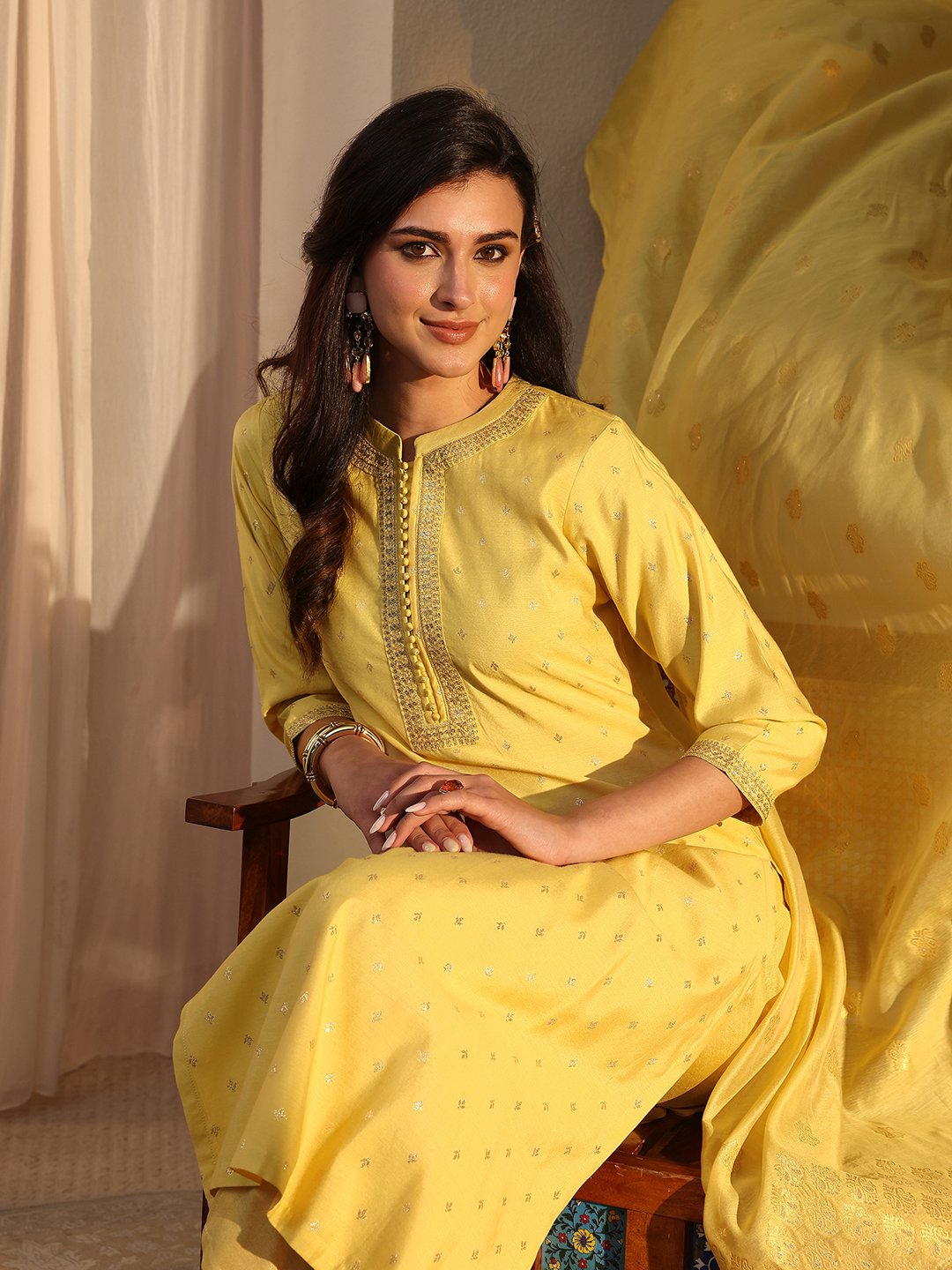 Yellow Woven Design Chanderi Silk Straight Kurta, Pants And Dupatta Set