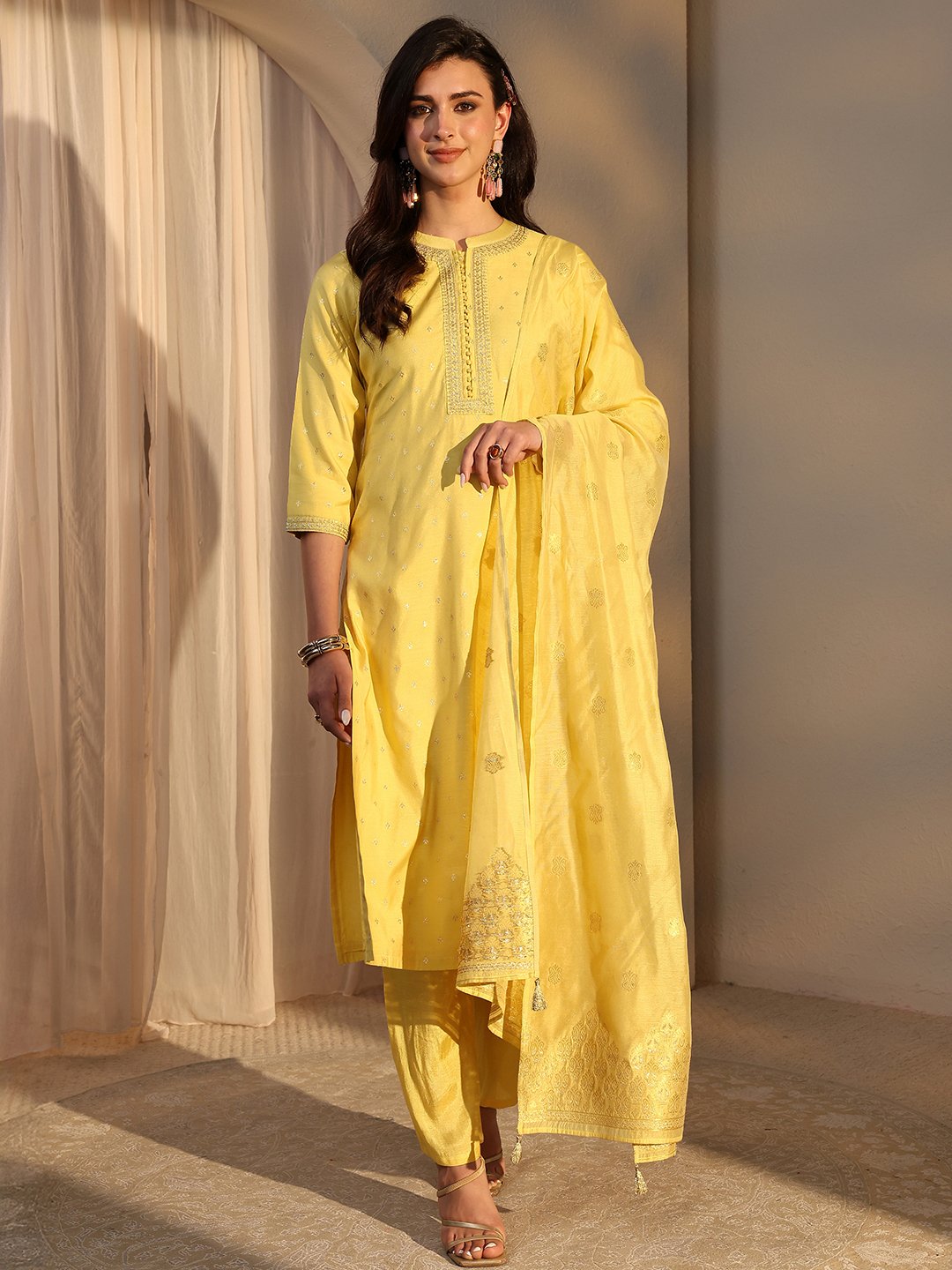 Yellow Woven Design Chanderi Silk Straight Kurta, Pants And Dupatta Set