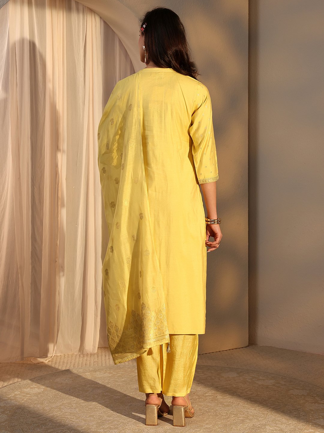 Yellow Woven Design Chanderi Silk Straight Kurta, Pants And Dupatta Set