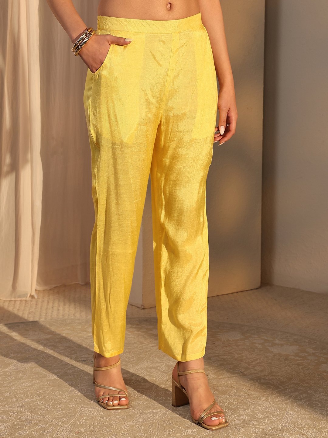 Yellow Woven Design Chanderi Silk Straight Kurta, Pants And Dupatta Set