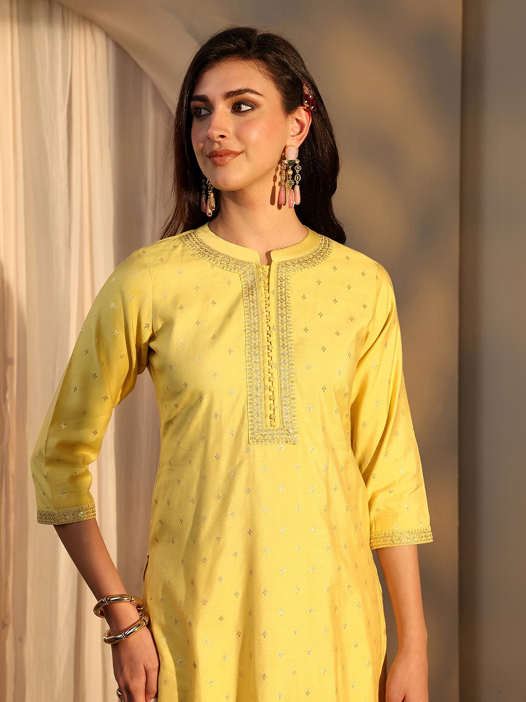Yellow Woven Design Chanderi Silk Straight Kurta, Pants And Dupatta Set