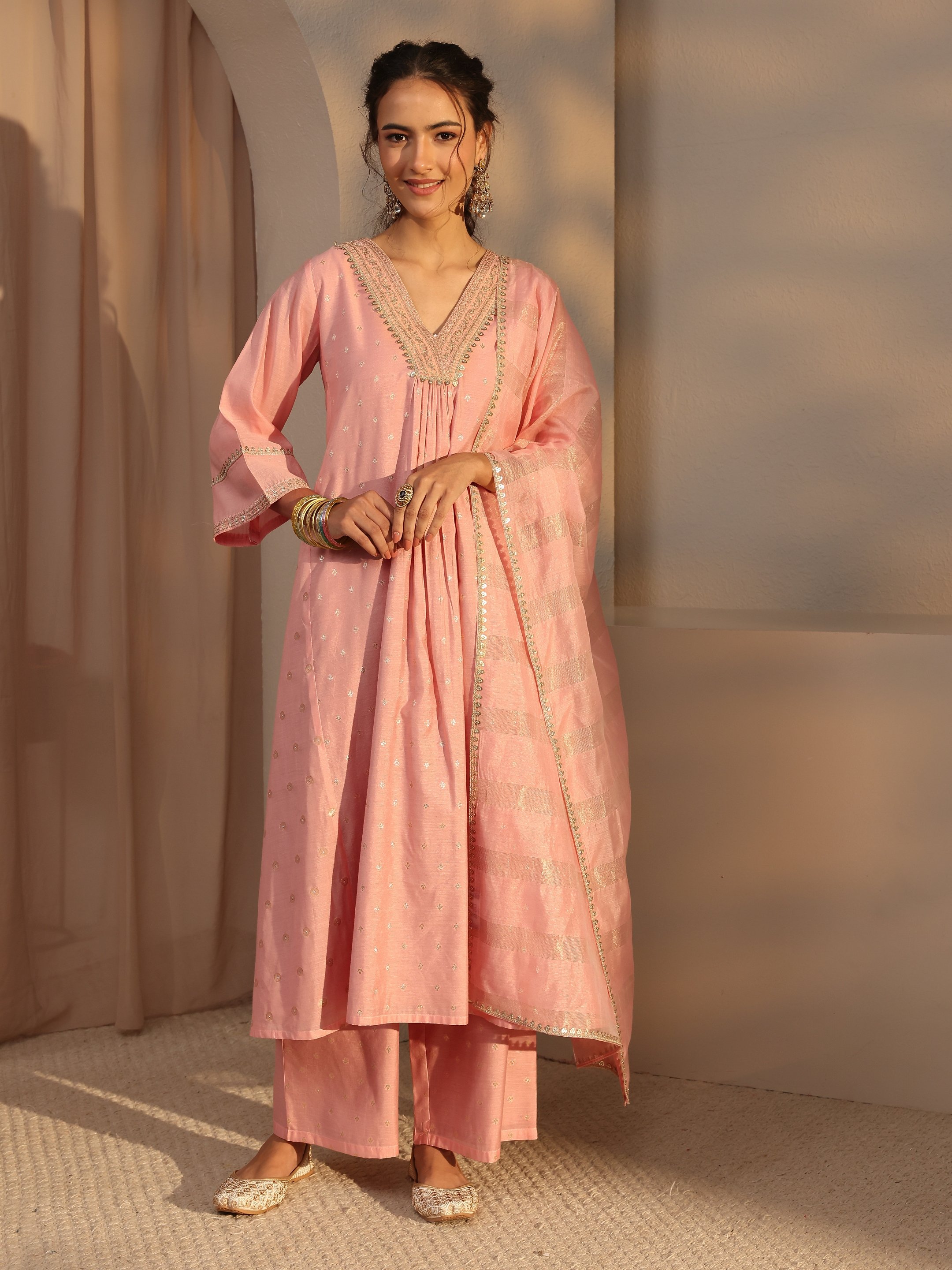 Peach Woven Design Chanderi Silk A-Line Kurta, Palazzo And Dupatta Set