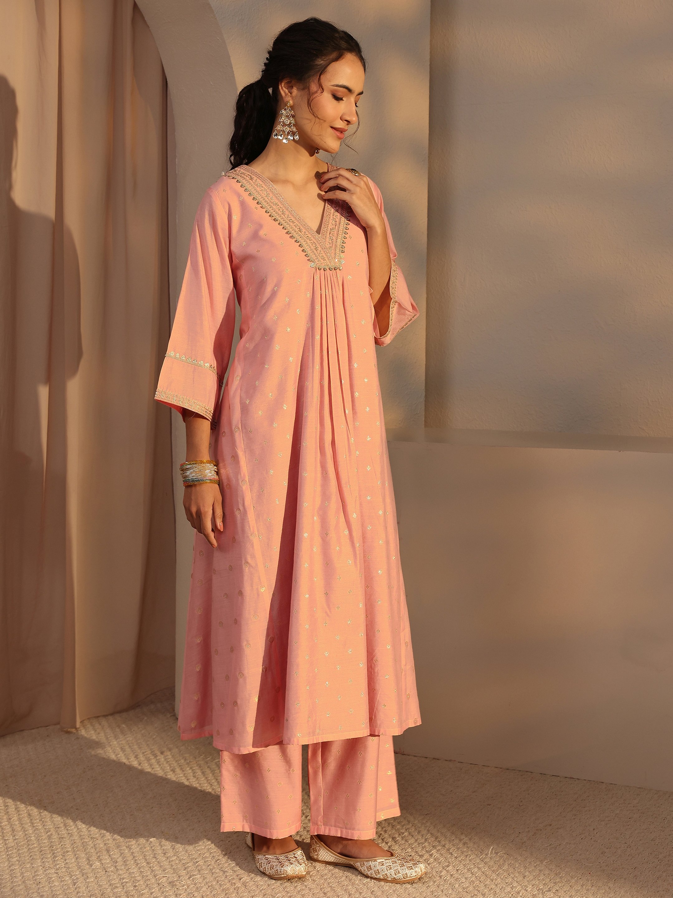 Peach Woven Design Chanderi Silk A-Line Kurta, Palazzo And Dupatta Set