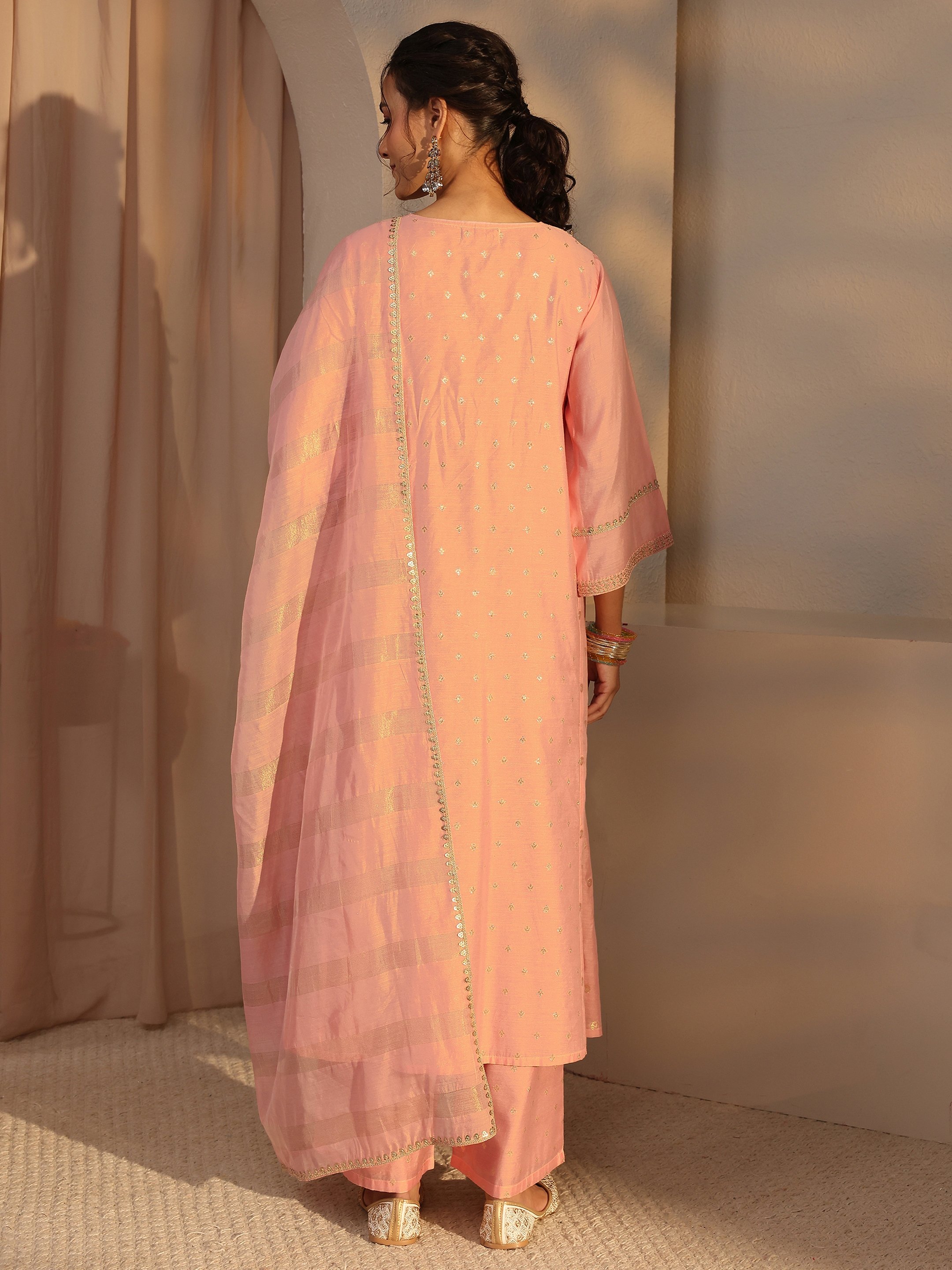 Peach Woven Design Chanderi Silk A-Line Kurta, Palazzo And Dupatta Set