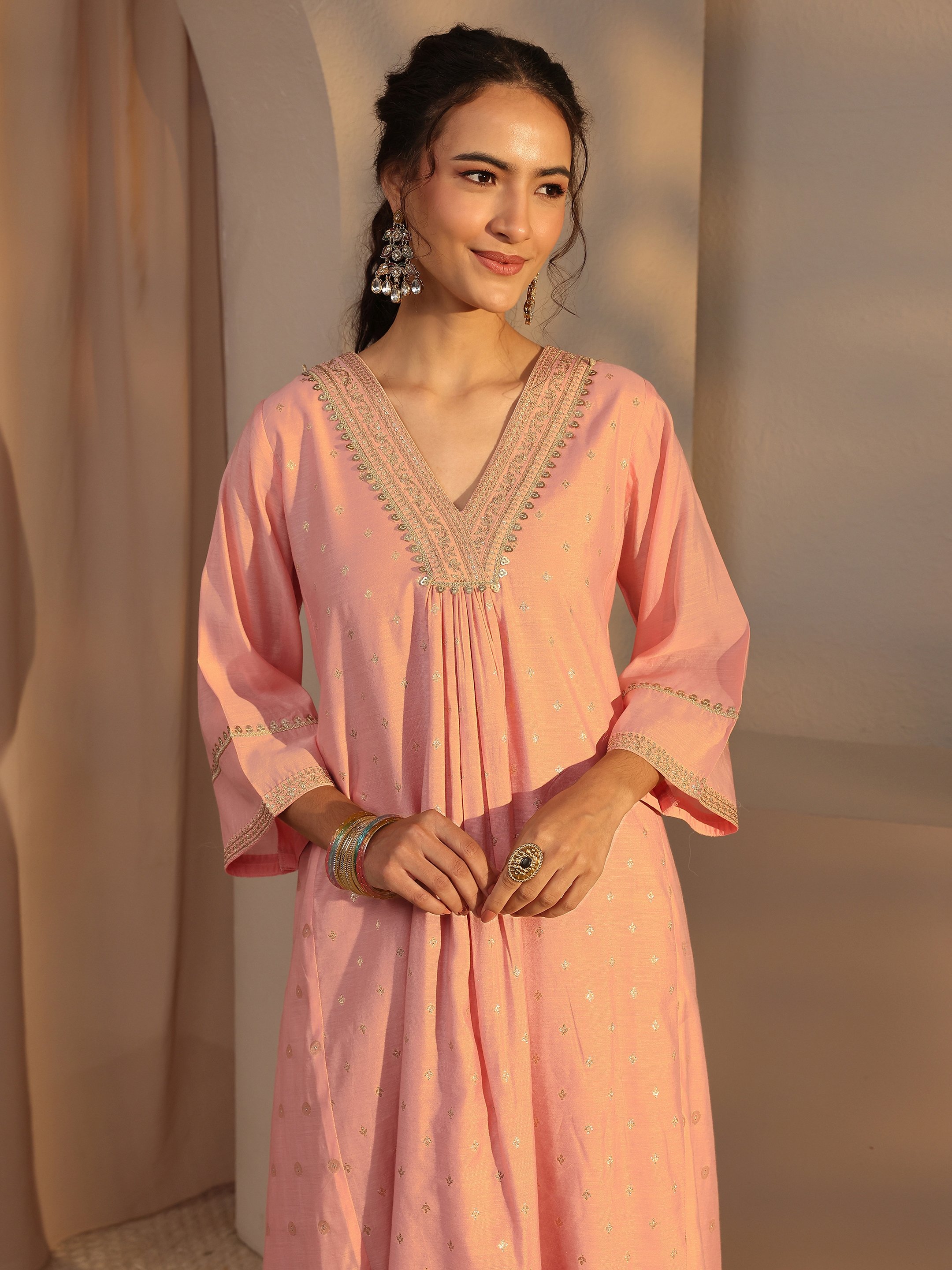 Peach Woven Design Chanderi Silk A-Line Kurta, Palazzo And Dupatta Set