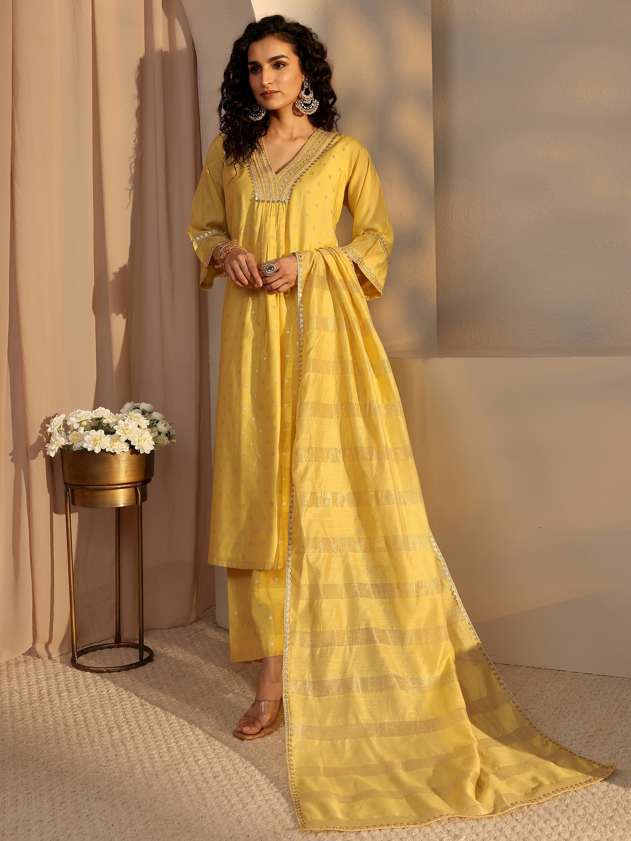 Yellow Woven Design Chanderi Silk A-Line Kurta, Palazzo And Dupatta Set