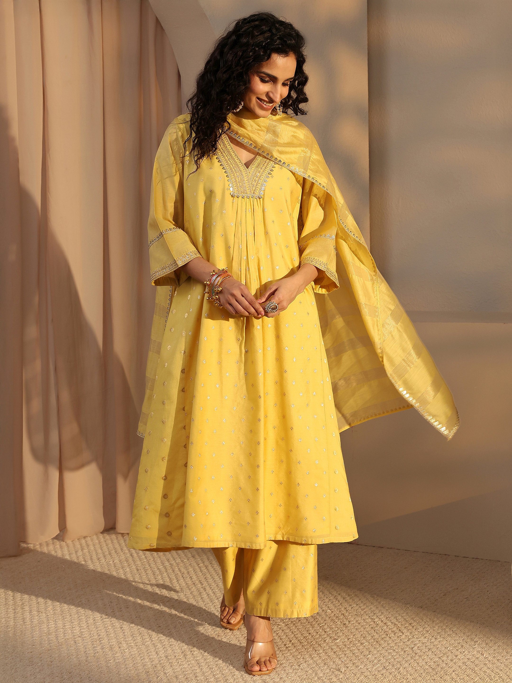 Yellow Woven Design Chanderi Silk A-Line Kurta, Palazzo And Dupatta Set