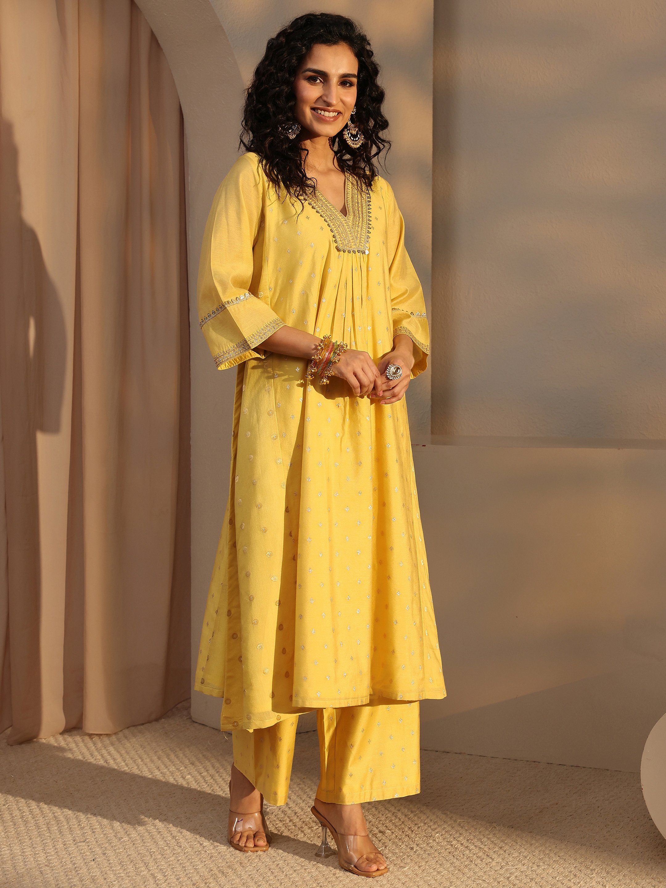 Yellow Woven Design Chanderi Silk A-Line Kurta, Palazzo And Dupatta Set