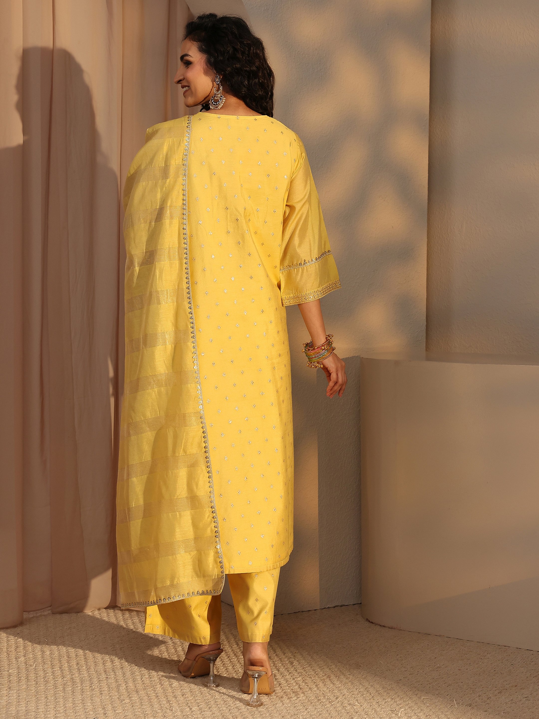 Yellow Woven Design Chanderi Silk A-Line Kurta, Palazzo And Dupatta Set