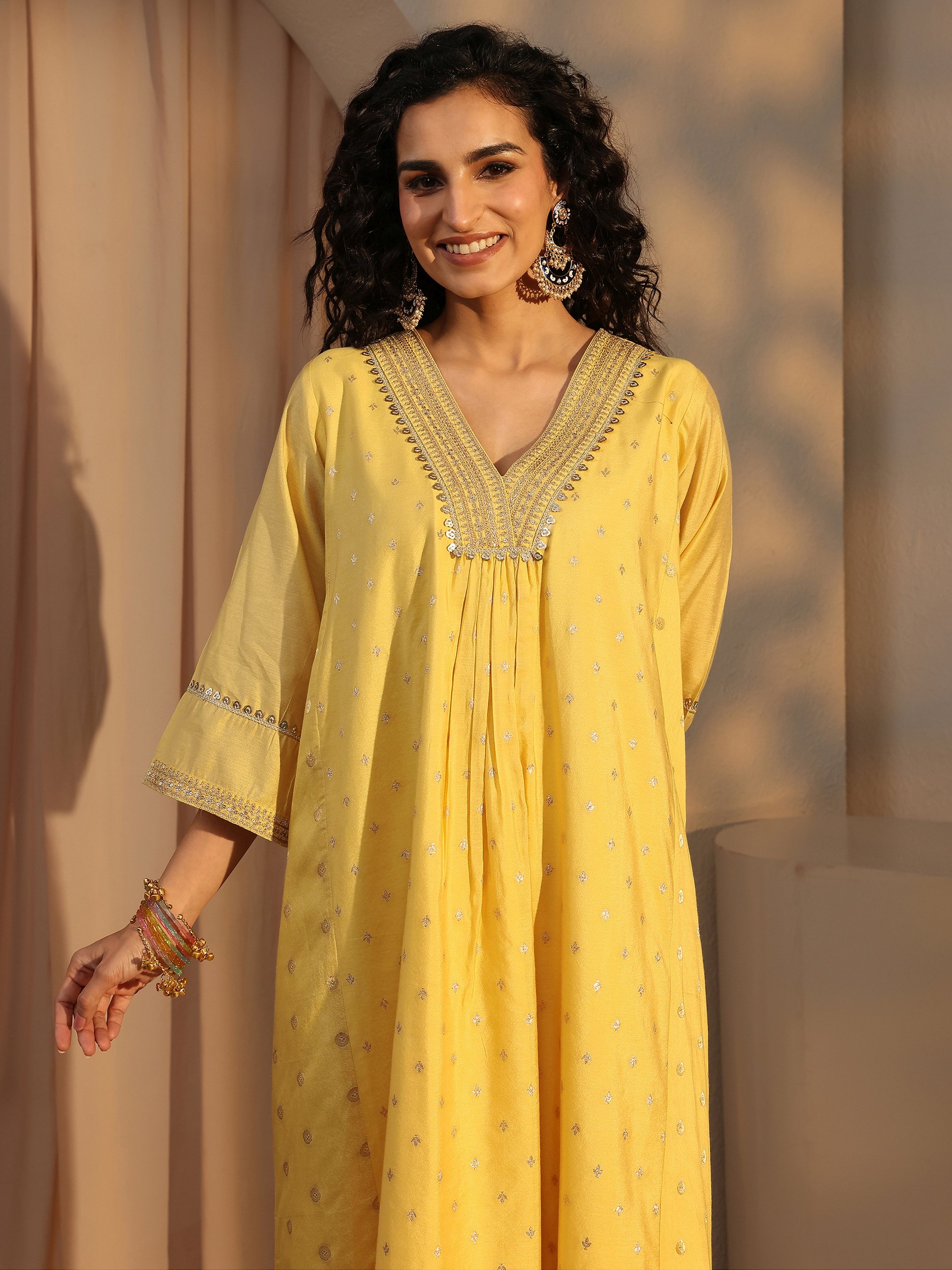 Yellow Woven Design Chanderi Silk A-Line Kurta, Palazzo And Dupatta Set