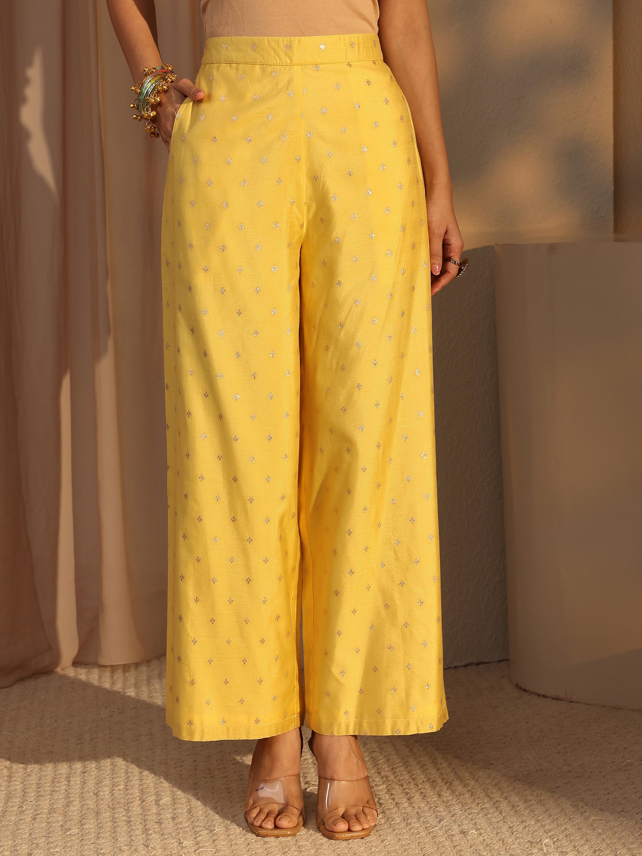 Yellow Woven Design Chanderi Silk A-Line Kurta, Palazzo And Dupatta Set