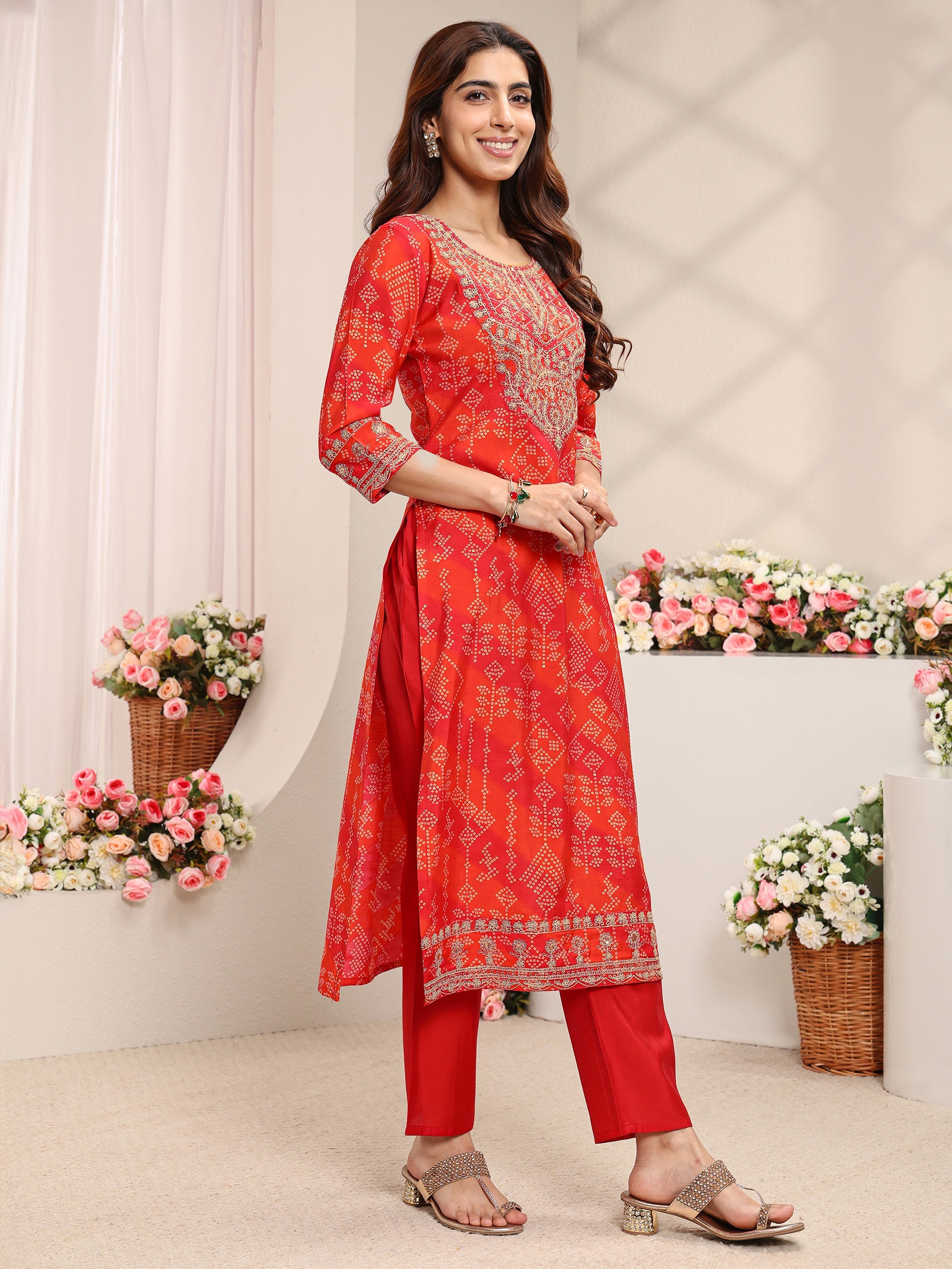 Orange Bandhani Inspired Print, Embroidered Silk Blend Straight Kurta, Pants And Dupatta Set