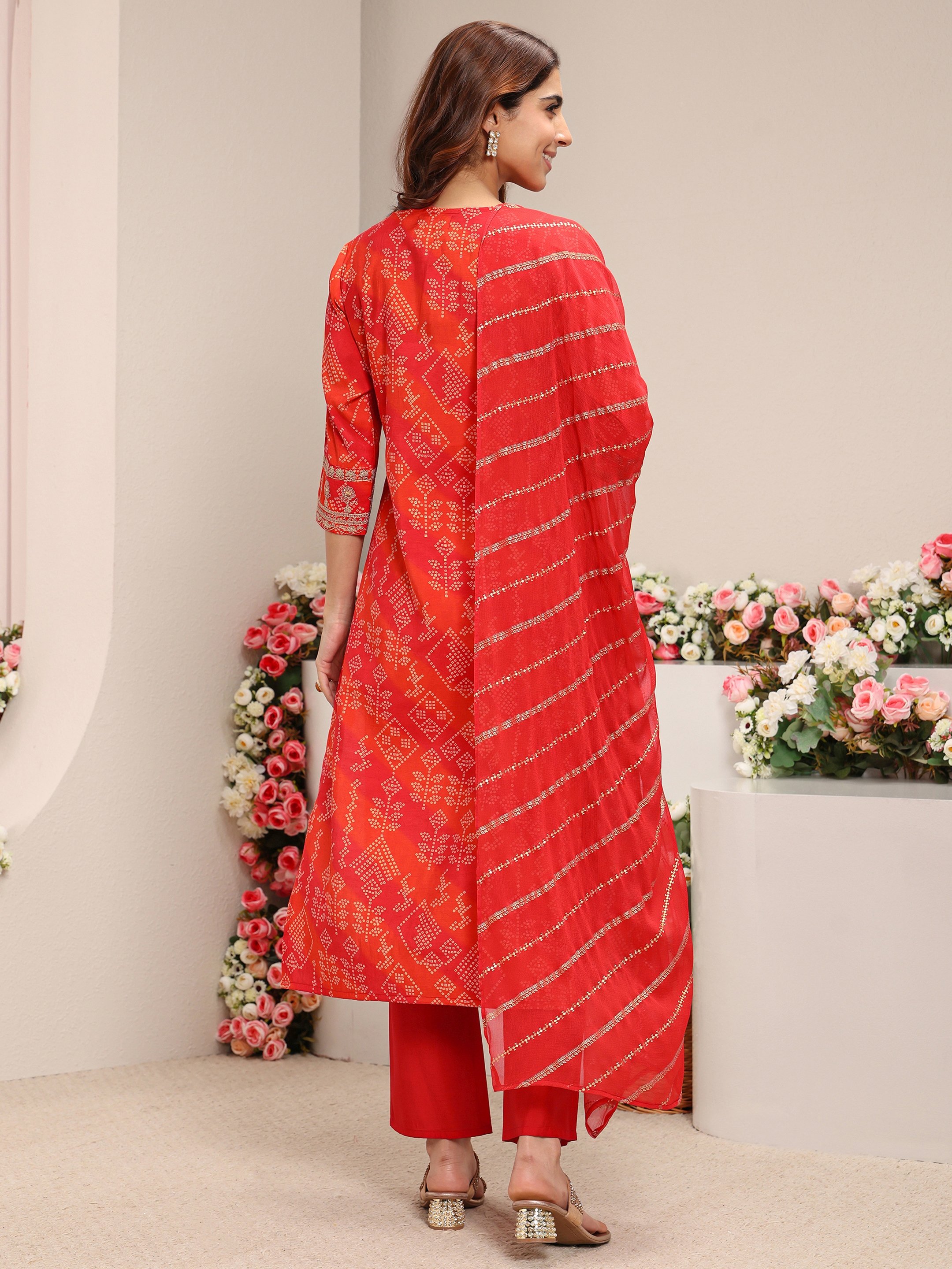 Orange Bandhani Inspired Print, Embroidered Silk Blend Straight Kurta, Pants And Dupatta Set