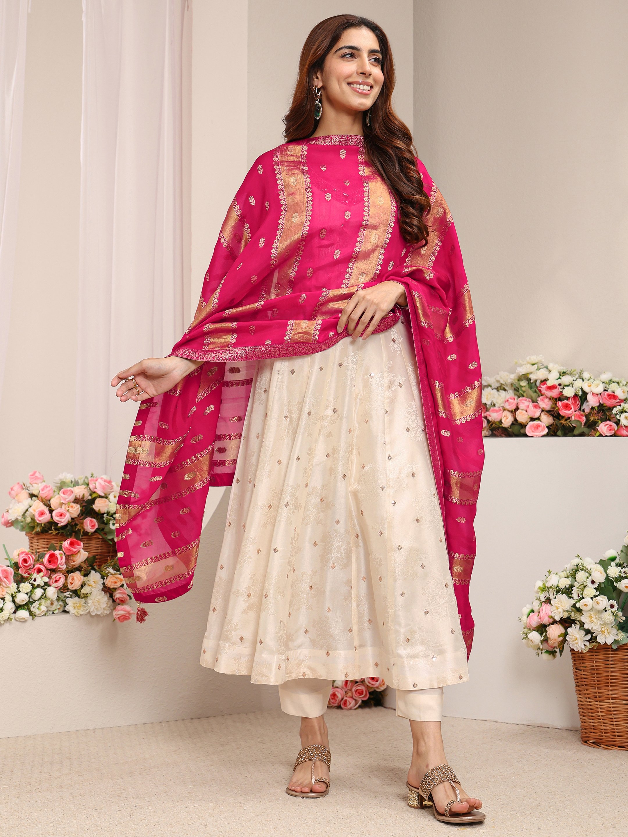 Cream Woven Design Silk Blend A-Line Kurta, Straight Pants And Dupatta Set