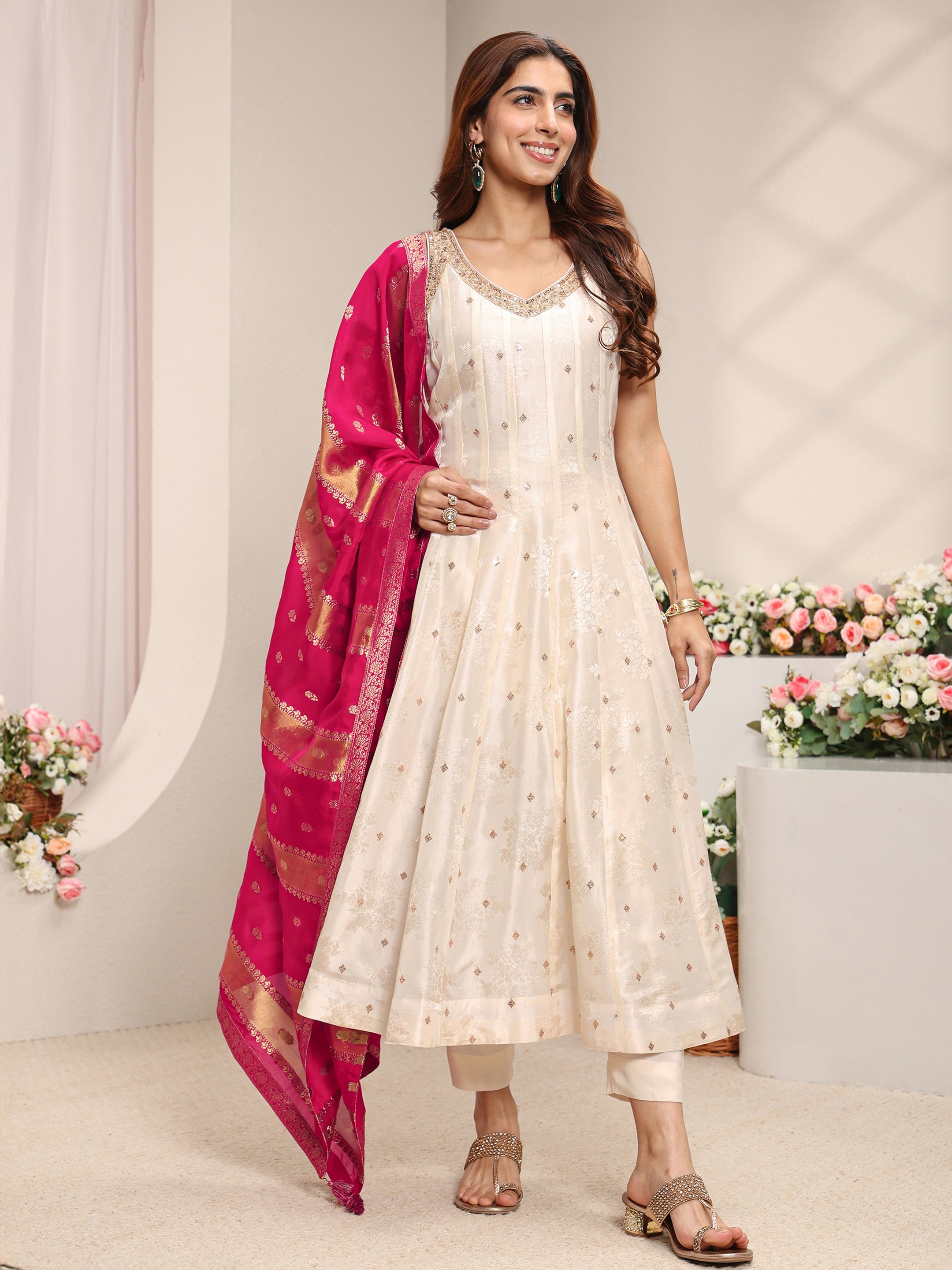 Cream Woven Design Silk Blend A-Line Kurta, Straight Pants And Dupatta Set