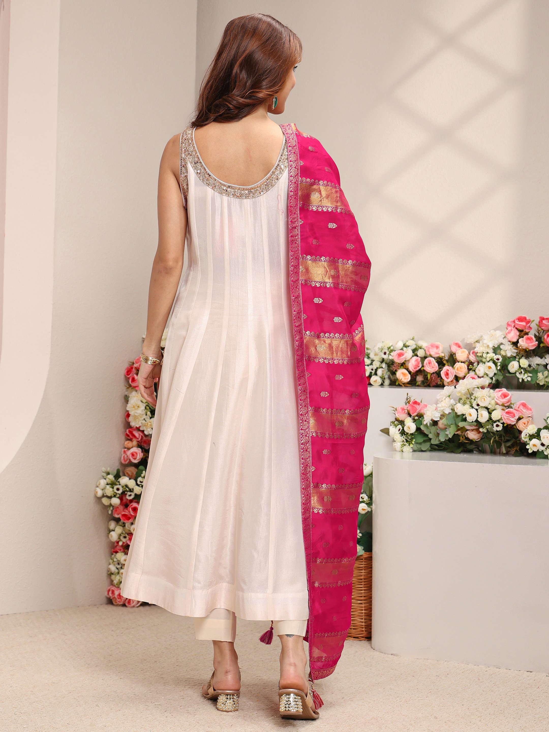 Cream Woven Design Silk Blend A-Line Kurta, Straight Pants And Dupatta Set