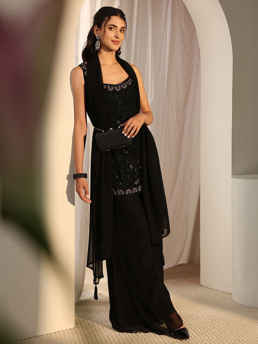 Black Embellished Georgette Straight Kurta, Palazzo And Dupatta Set