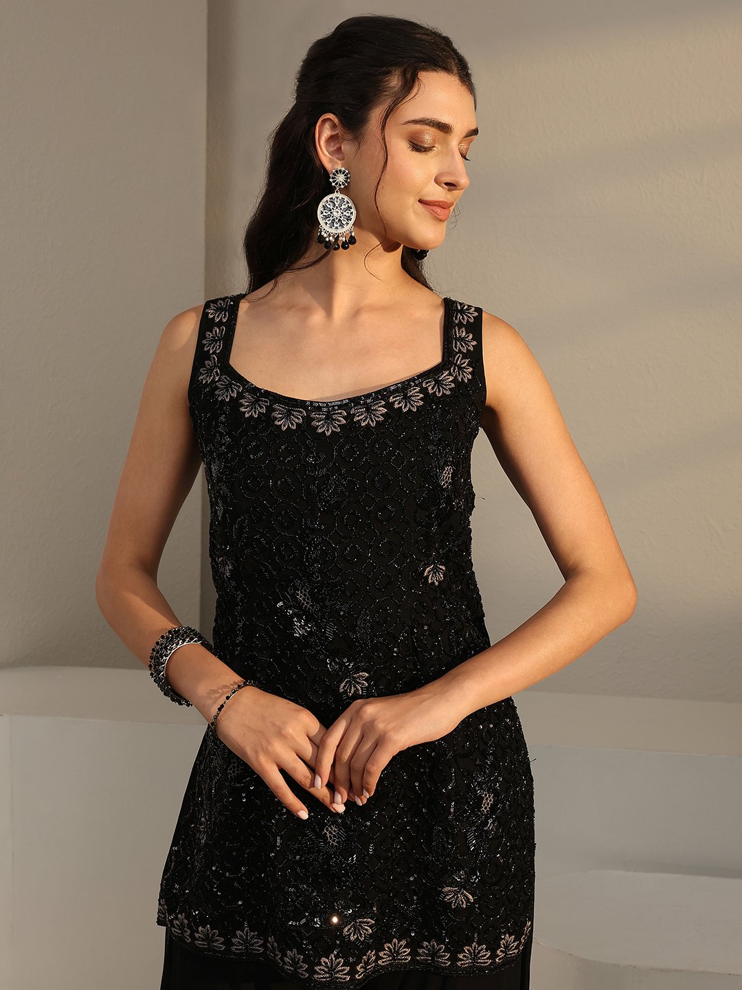 Black Embellished Georgette Straight Kurta, Palazzo And Dupatta Set
