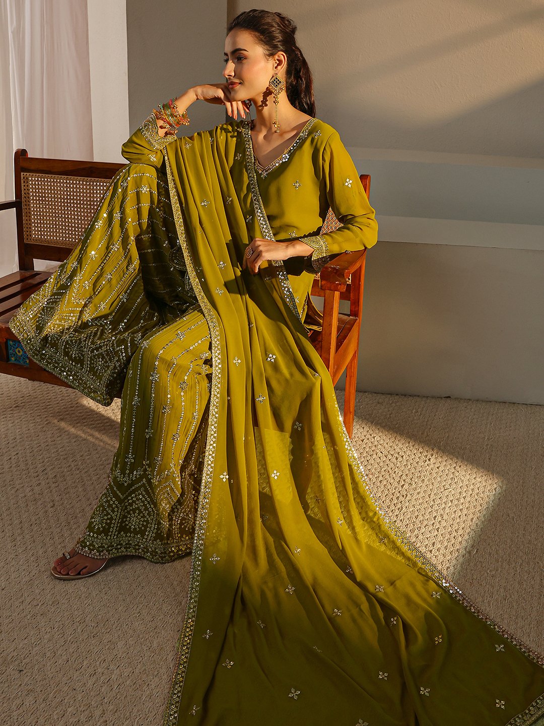Green Embellished Georgette Straight Kurta, Palazzo And Dupatta Set