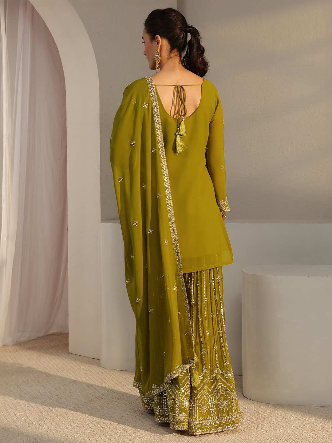 Green Embellished Georgette Straight Kurta, Palazzo And Dupatta Set