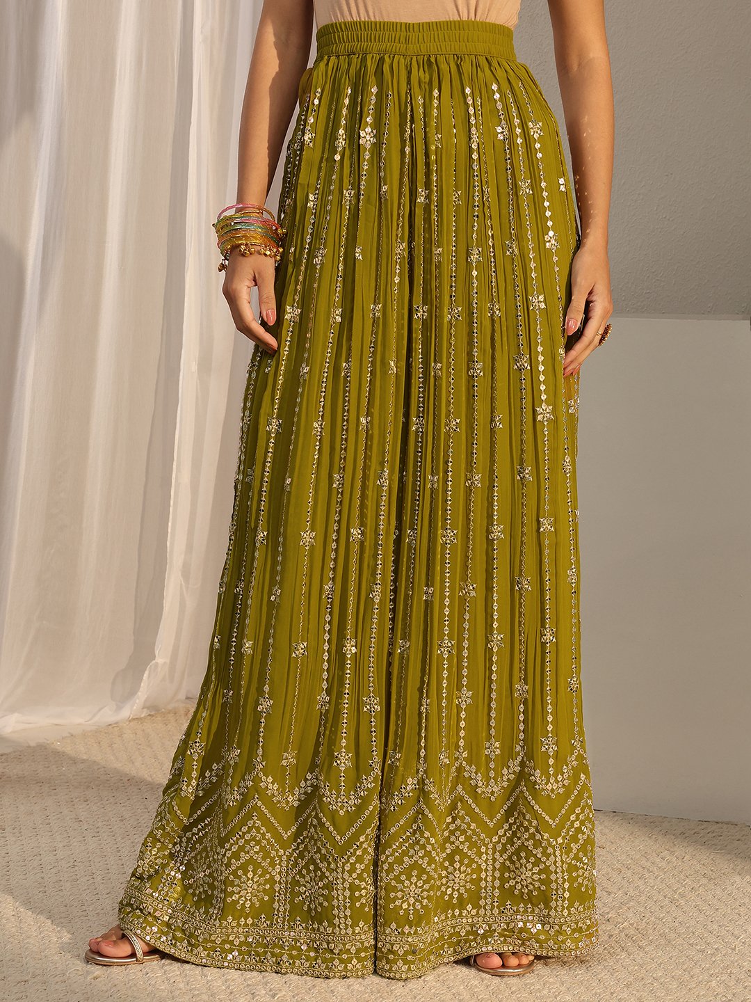 Green Embellished Georgette Straight Kurta, Palazzo And Dupatta Set