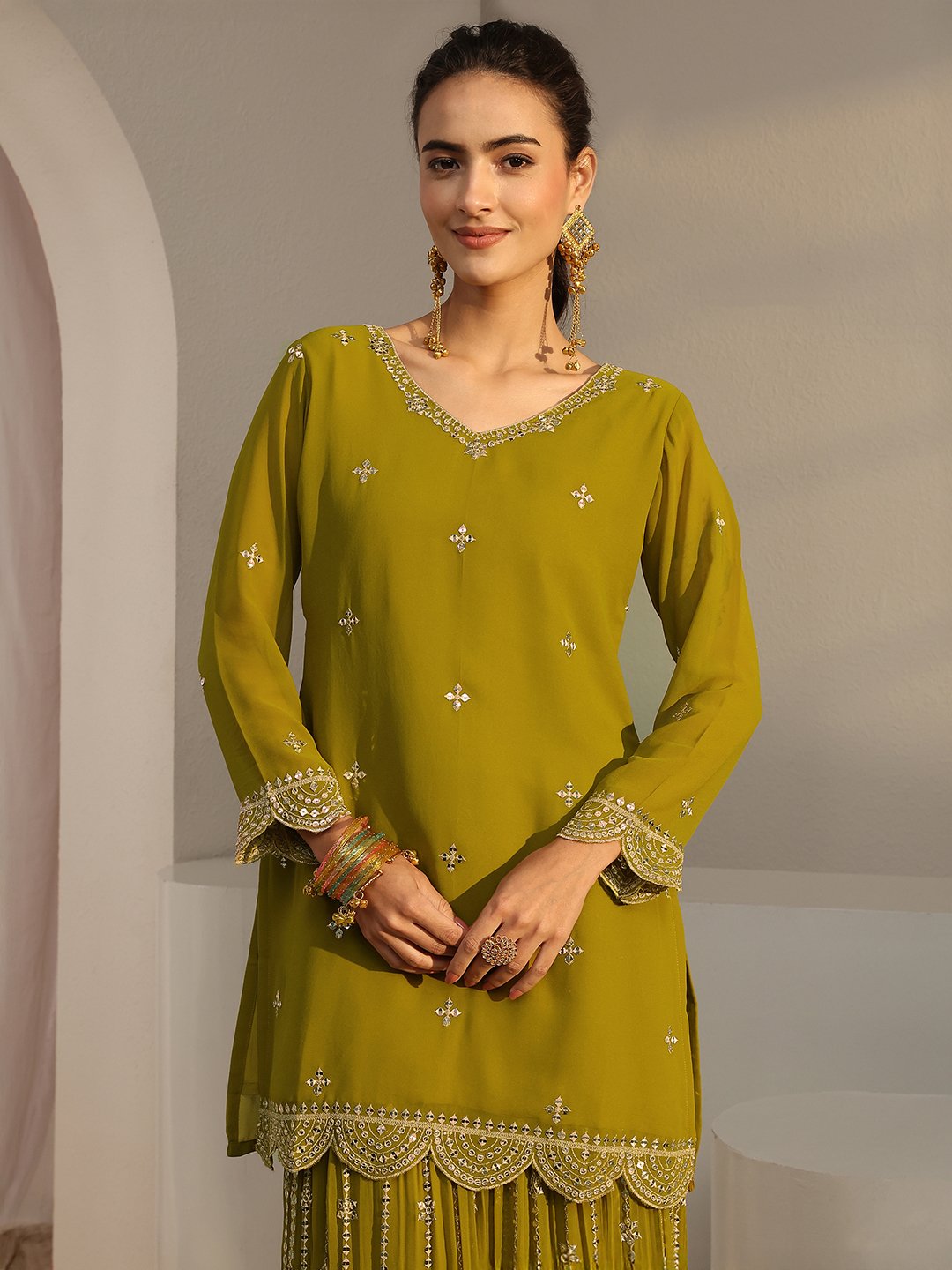 Green Embellished Georgette Straight Kurta, Palazzo And Dupatta Set