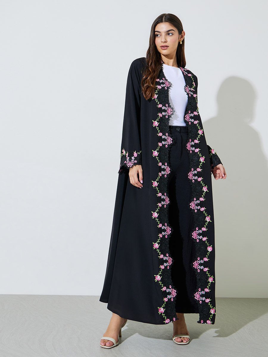 Black Lace Embroidered Front Open Abaya