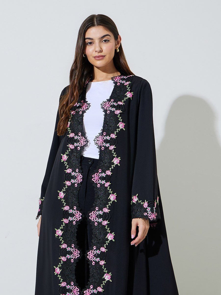 Black Lace Embroidered Front Open Abaya