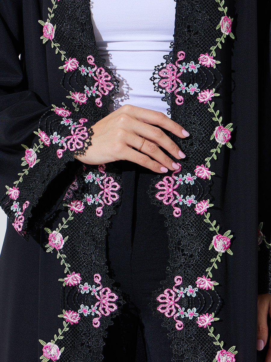 Black Lace Embroidered Front Open Abaya