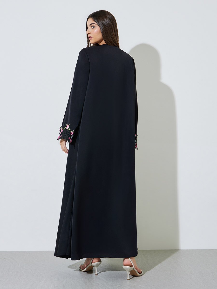 Black Lace Embroidered Front Open Abaya