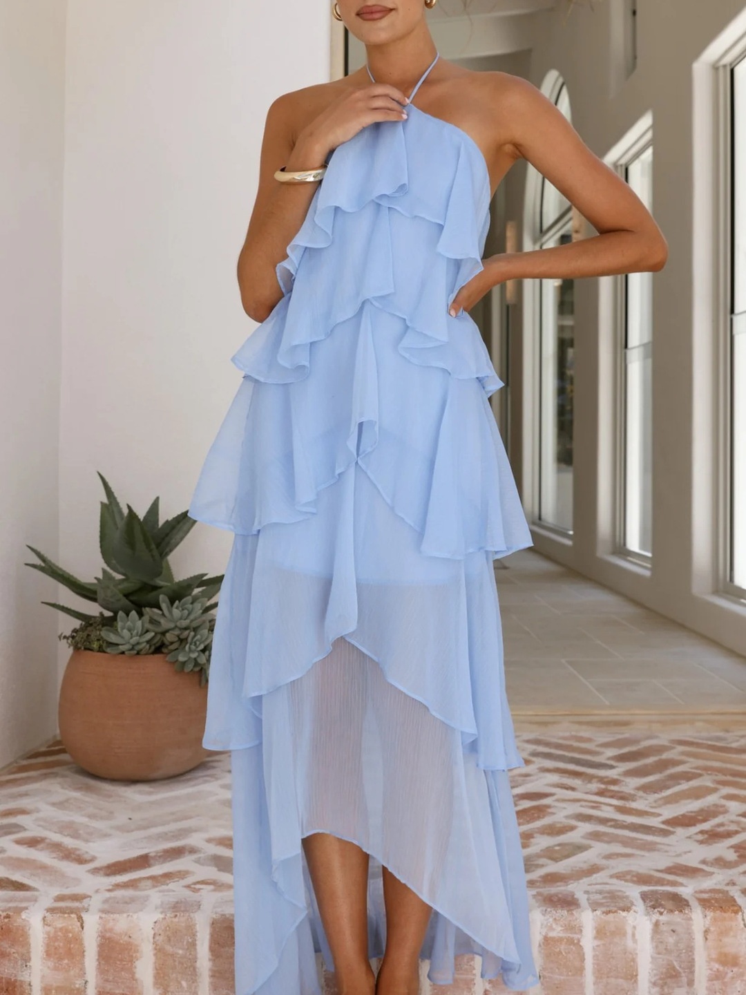 Light Blue Solid Halter Neck A-Line Maxi Dress