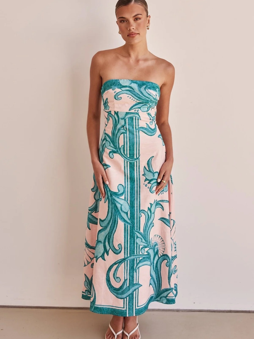Green Bandeau Neck A-Line Maxi Dress