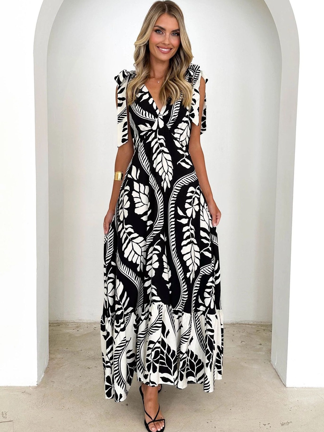 Black All Over Print Tie-Strap Maxi Dress