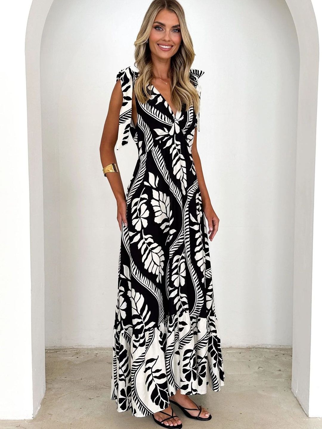 Black All Over Print Tie-Strap Maxi Dress