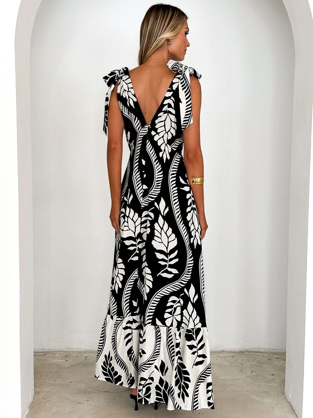 Black All Over Print Tie-Strap Maxi Dress