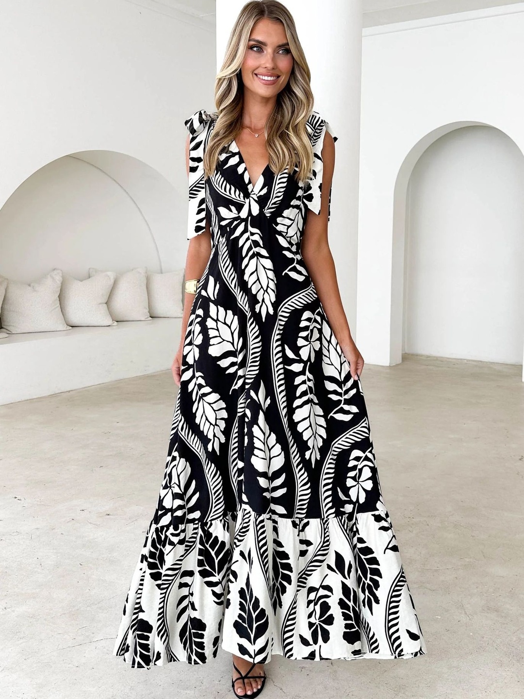 Black All Over Print Tie-Strap Maxi Dress