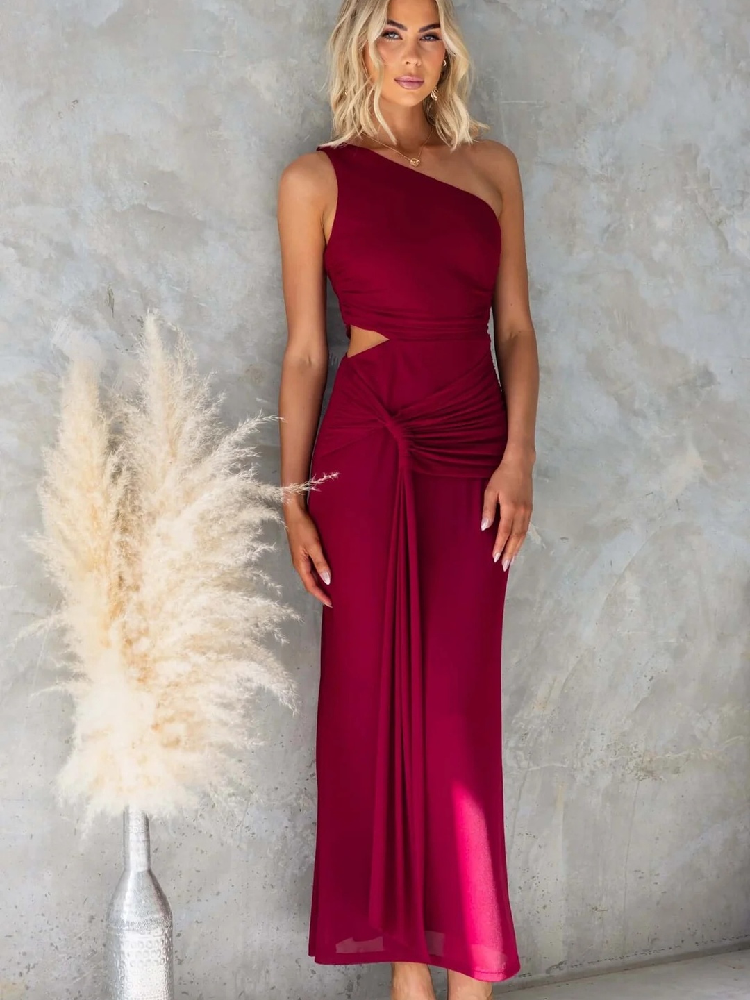 Maroon One-Shoulder Maxi Dress with Cut-Out Detail